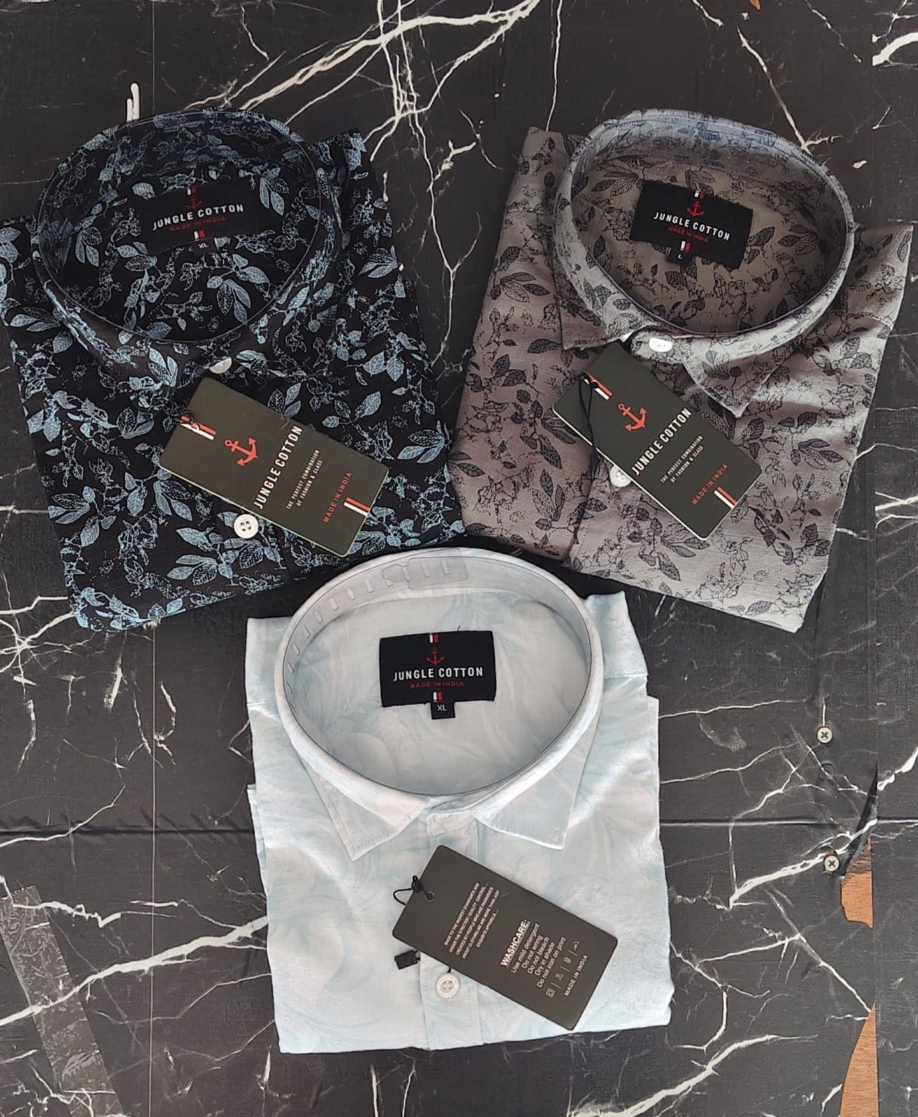 Jungle Cotton Men's Premium Designer Linen Print Shirt Combo (Pack of 3) – Blue, Grey, Light Sky